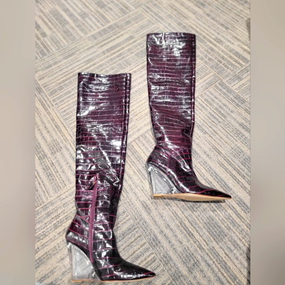 Stuart Weitzman Lucite Croco Embossed Leather Pointed Wedge Over The Knee